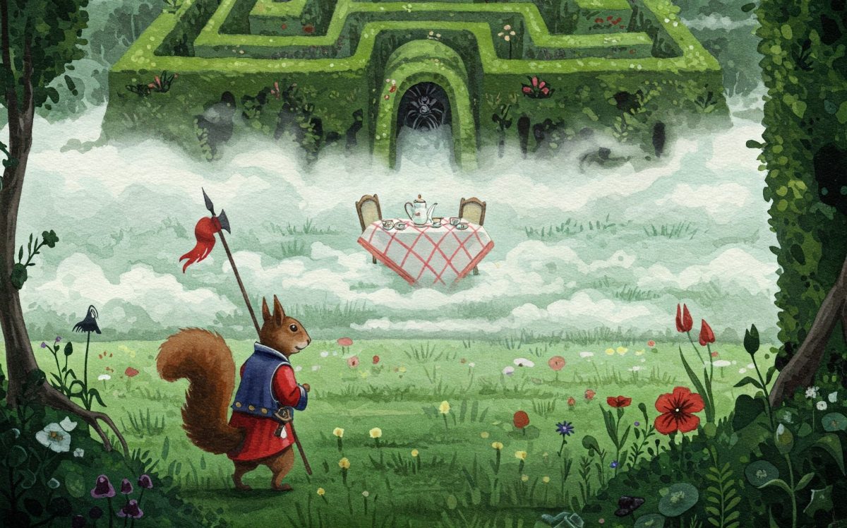 A garden squirrel guard in front of a tea table and a hedge maze.